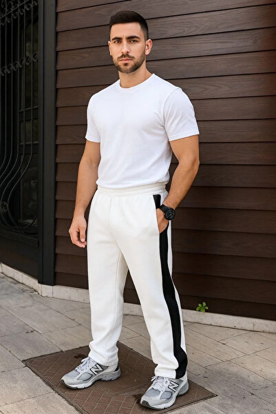 GökTR Men's Three Thread Winter Cotton Side Trim Thick Stripe Pocket Sweatpants - White