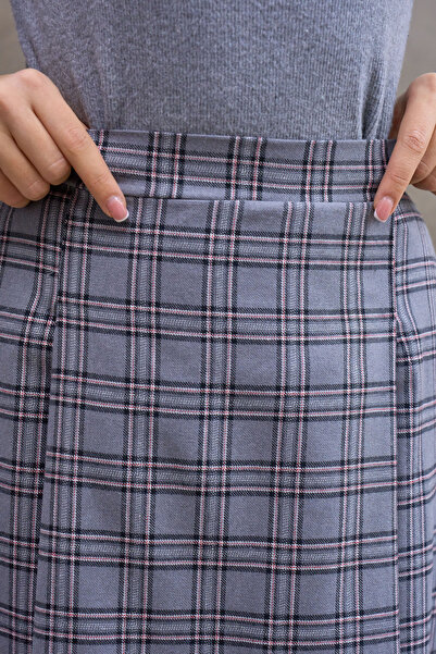 KÜÇÜĞÜM BUTİK Gray Striped Double Pleated Plaid Skirt
