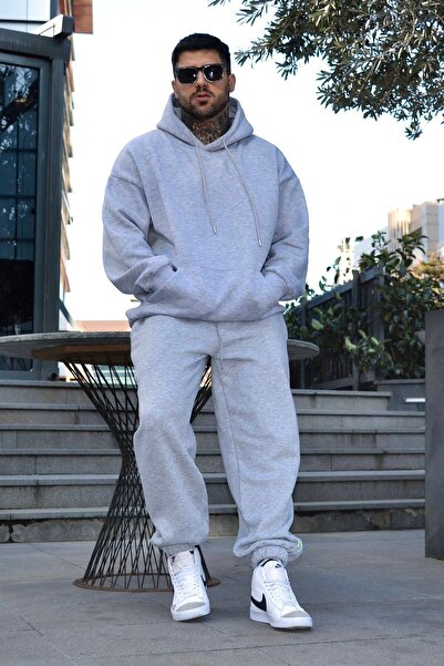 YAKAMEL طقم بدلة رياضية شتوية للرجال رمادي 3 خيوط مع صوف من الداخل