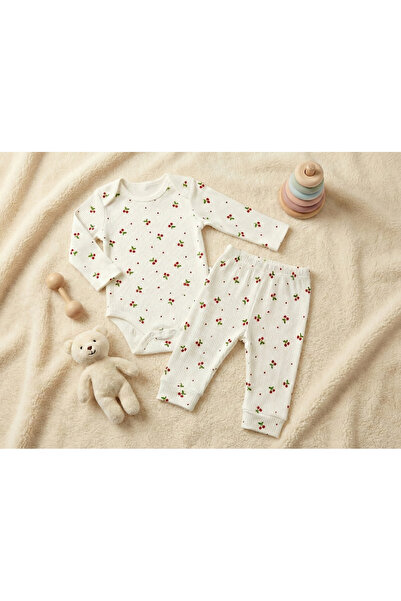 Nayinom %100 Pamuklu Kiraz Desenli Fitilli Yumuşak 2'li Bebek Takımı (Zıbın ve Alt)