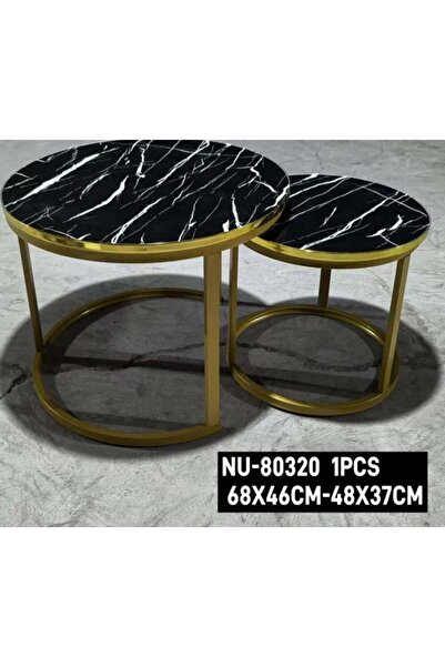 Türkiye طاولات جانبية فاخرة بتصميم رخامي متداخل - إطار معدني ذهبي (68×46 سم، 48×37 سم)