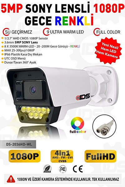 IDS 5MP SONY LENS 1080P 9 WARM LED GECE IŞIKLI VE RENKLİ SU GEÇİRMEZ AHD GÜVE...