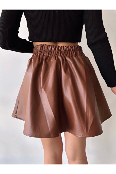Zerenyus Elastic Waist Leather Skirt Brown