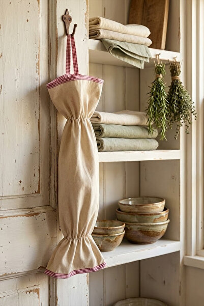 YUNUSOĞLU HOME Pink Piped Beige Color Bag Holder – Kitchen Organizer Hanging Bag – 50 cm Cloth Bag Storage Bag