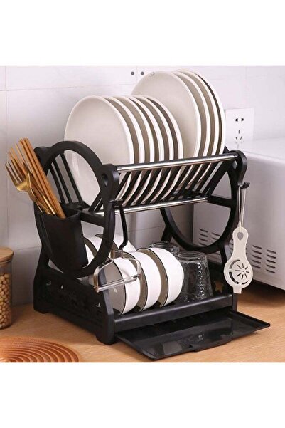 DubaiGallery Premium 2-Tier Dish Rack with Utensil & Cup Holders, Stainless Steel