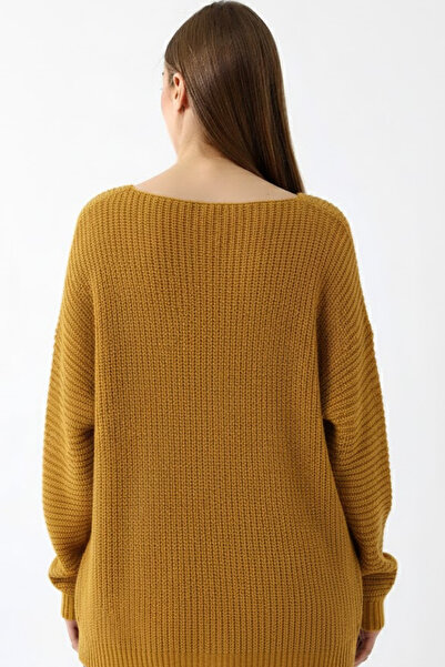 Devinka Women's Mustard Oversized Casual V-Neck Knitwear Sweater
