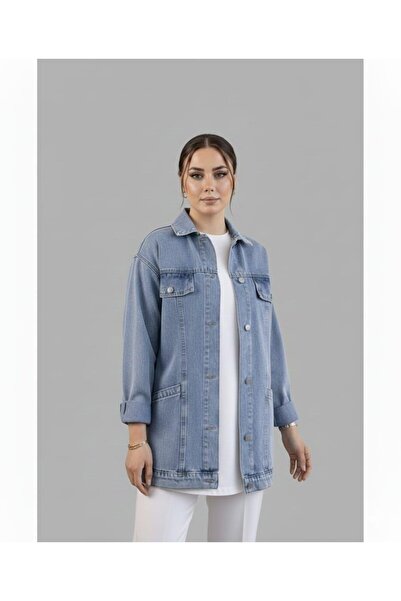 Hb Harma Time Butik Women's Pocket Detailed Denim Blue Denim Jacket