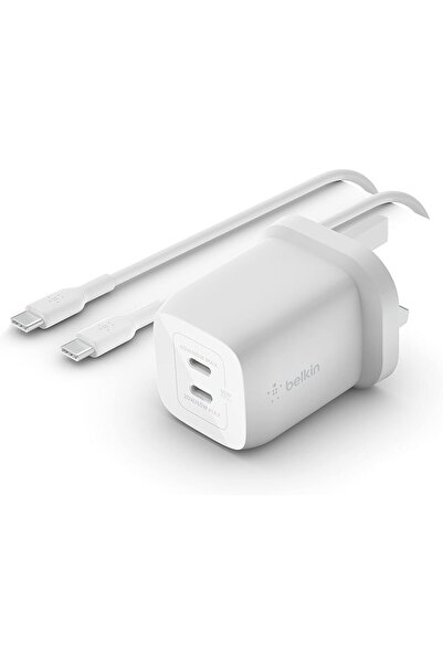 Belkin شاحن حائطي مزدوج USB-C بقوة 65 وات مع كابل USB-C، PD 3.0 GaN