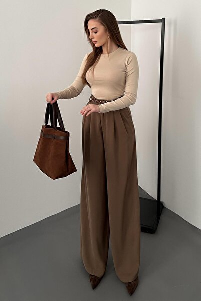 Elbee Fashion Woman Brown Pleated Comfort Pants