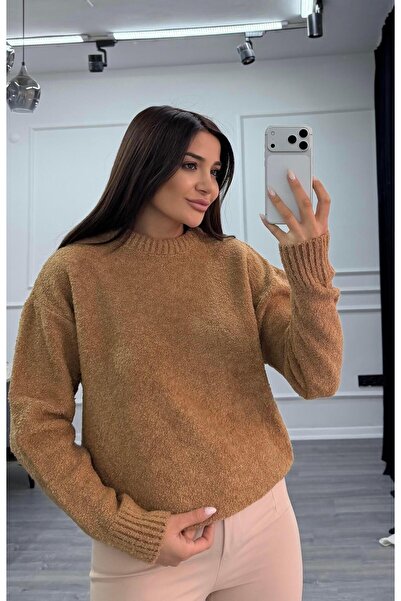 Daves Crew Neck Plain Long Sleeve Women's Knitwear Sweater-Brown