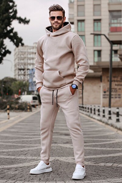 CMZ COLLECTİON Men's Beige 3 Thread Fleece-Lined Hooded Basic Tracksuit Set