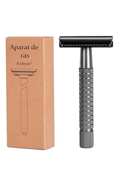 PriStyle Lamă de ras clasică - Design metalic premium, Mâner texturat antider...