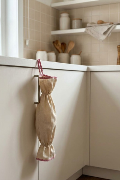 YUNUSOĞLU HOME Pink Piped Beige Color Bag Holder – Kitchen Organizer Hanging Bag – 50 cm Cloth Bag Storage Bag