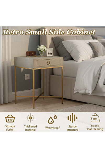 Sinyin Side Table, 46×46×61cm Nightstand with Drawer & Gold Metal Frame,Stylish Storage
