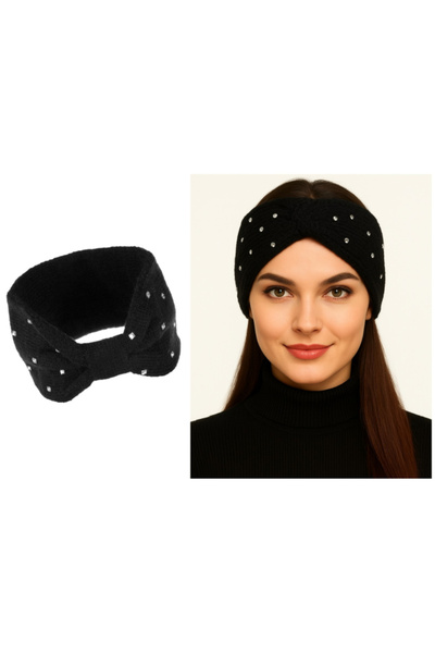 SyaMAG Knitted winter headband, black, with knot and silver rhinestones, 11 cm width
