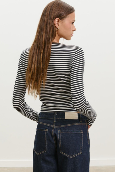 VODENS Black Striped 100% Cotton Crew Neck Long Sleeve Blouse