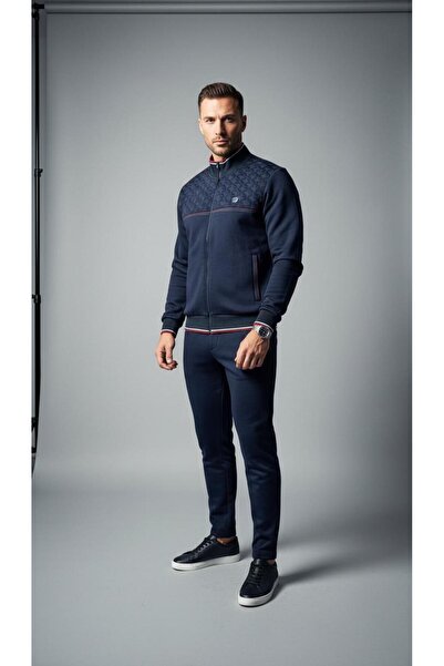 Plus Scorpion Men’s Navy Jacket, Premium Model, With Zipper, Red Details, and Geometric Pattern.