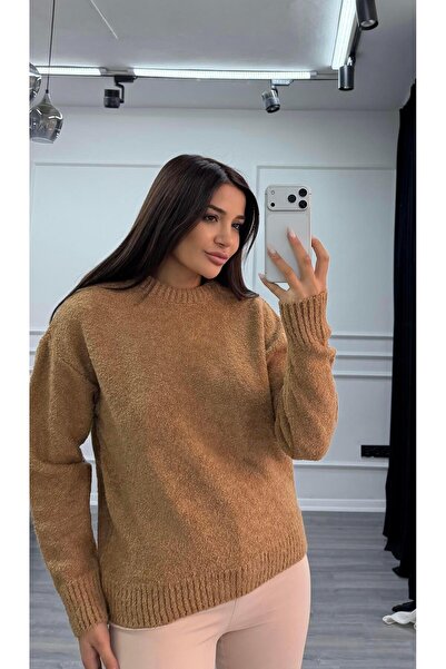 Daves Crew Neck Plain Long Sleeve Women's Knitwear Sweater-Brown