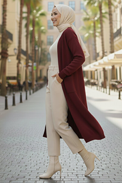 benguen Long Knit Cardigan with Pockets R7145 Burgundy