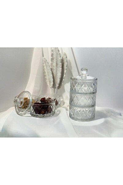 aden glass 3 Katlı Cam Drajelik Şekerlik Lokumluk Çerezlik Kurabiyelik