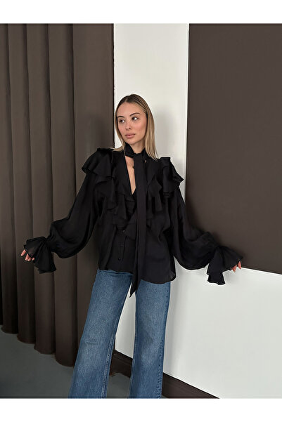 LE CARAMBOLE Women's Black Collar Tie Ruffle Blouse