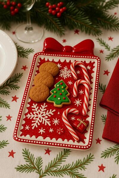 NEWNOW Christmas Themed Red Ceramic Plate – Snow Pattern Presentation and Serving Plate in the Shape of a Gift