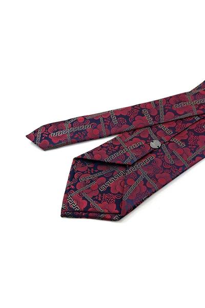 Kravatkolik Red - Navy Blue Motif Pattern Classic Tie with Handkerchief Kk13311