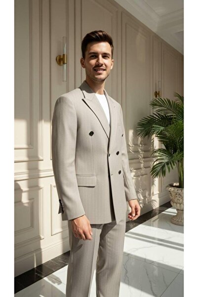 Salihtarzz Takım Elbise Çizgili Kruvaze Battal Büyük Beden Krem SD42267