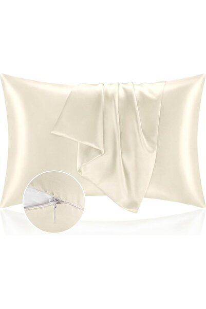 BEDELITE غطاء وسادة ساتان بسحاب، بيج، مقاس كينج، طقم من قطعتين (20×40 بوصة)