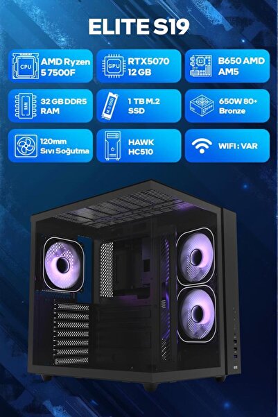 Game Garaj Elite S19 AMD Ryzen 5 7500F 32GB RAM 1TB SSD RTX5070 FreeDOS Oyunc...