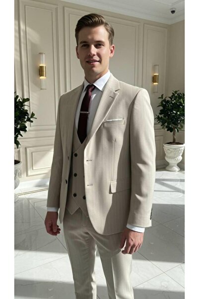 Salihtarzz Takım Elbise Çizgili Yelekli Battal Büyük Beden Krem SD42276