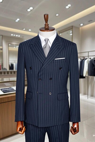 Salihtarzz Takım Elbise Çizgili Kruvaze SlimFit Lacivert SD42279