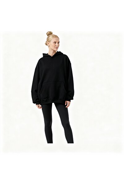 Kadın Siyah 3 İplik Oversize Kapüşonlu Kanguru Cepli Kalın Sweatshirt Hoodie