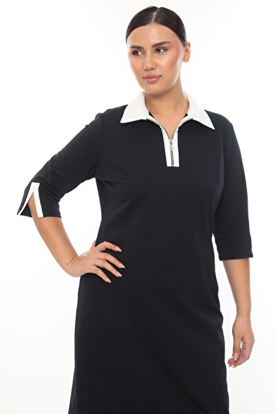 etselements White Collar and Sleeve Detailed Zippered Sports Dress 154 Navy Blue