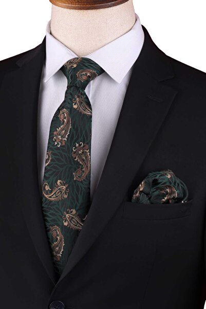 Kravatkolik Green - Brown Shawl Pattern Classic Tie with Handkerchief Kk13302