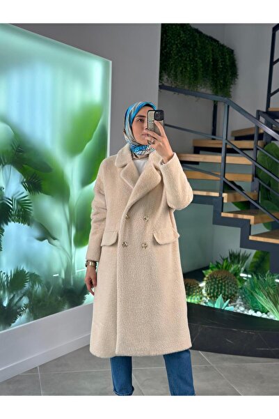 İkoll Beige Color Gold Buttoned Oversized Women's Coat
