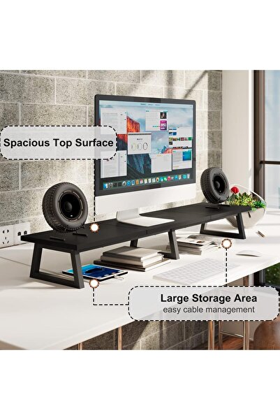 teamix 42-inch Dual Monitor Riser Black – Wood & Steel Monitor/Laptop Stand with Storage