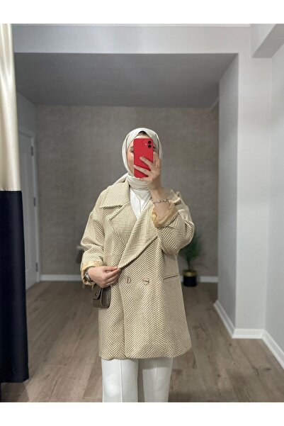 byalisdmr معطف كاشي بنمط عظم السمك موديل قصة فضفاضة - لون الجمل