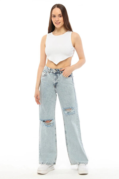 Lexsina Kadın Açık Mavi Lazer Detaylı Bol Palazzo Yırtık Jean