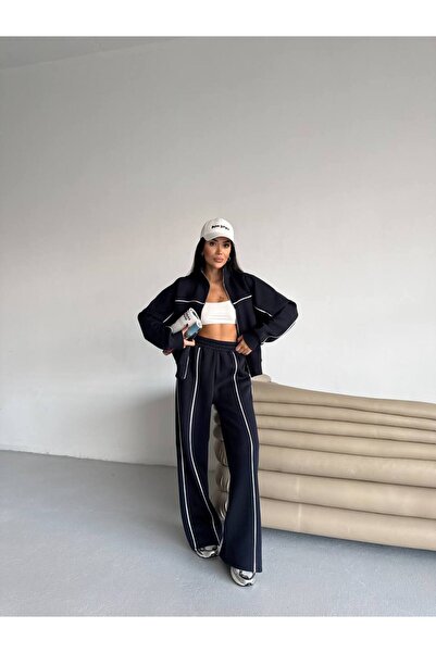 VESS MODA Women's Compak Combed Cotton 3-Thread Inner Ş Fleece-Lined Intermediate B Piped Double Tracksuit Set