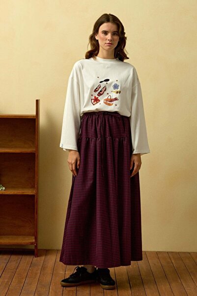 Ceylan Otantik Ecru Basket Printed Basic Body & Burgundy Polka Dot Ruffle Detail Polyviscose Skirt Set