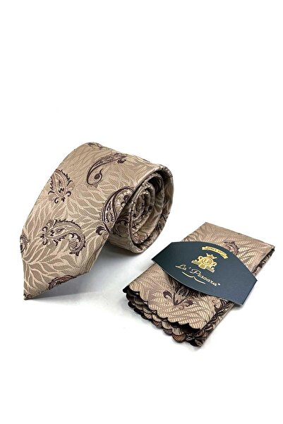 Kravatkolik Beige - Brown Shawl Pattern Classic Tie with Handkerchief Kk13301