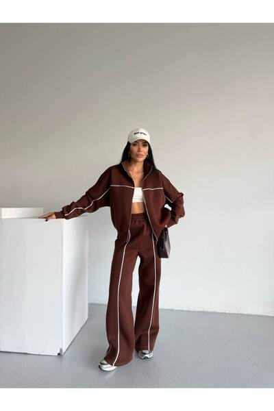 VESS MODA Women's Compak Combed Cotton 3-Thread Inner Ş Fleece-Lined Intermediate B Piped Double Tracksuit Set