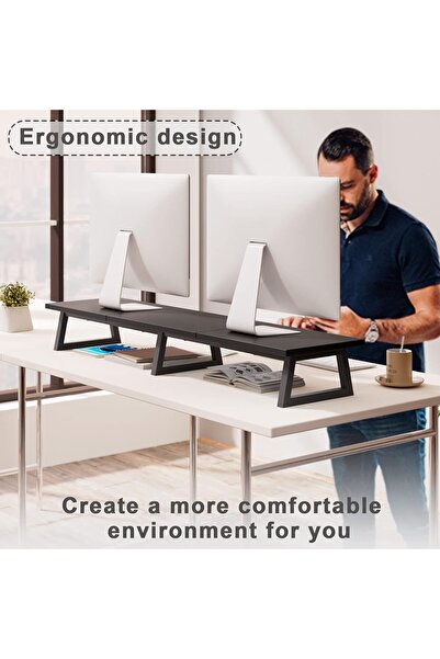 teamix 42-inch Dual Monitor Riser Black – Wood & Steel Monitor/Laptop Stand with Storage
