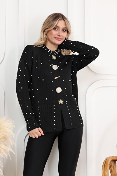 New Deux Women's Stylish Big Button Pearl Pattern Women's Knitwear Slit Sweater