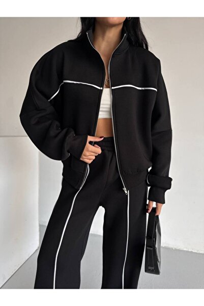 VESS MODA Women's Compak Combed Cotton 3-Thread Inner Ş Fleece-Lined Intermediate B Piped Double Tracksuit Set