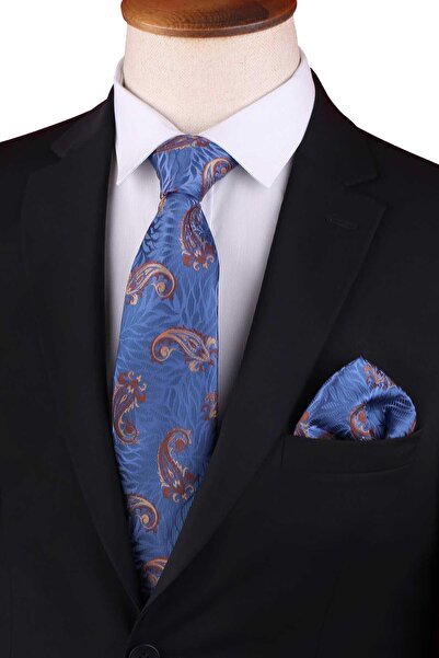 Kravatkolik ربطة عنق كلاسيكية باللون الأزرق - بنمط الشال البني مع منديل KK13303