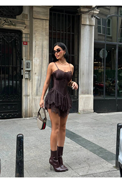 Bak Moda Μίνι Φόρεμα Ολόσωμο Καφέ με Λεπτομέρεια Δαντέλας και Σατέν Κορσέ