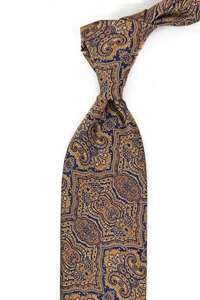 Kravatkolik Κλασική γραβάτα με μοτίβο κίτρινο - μπλε ναυτικό με μαντήλι KK13323