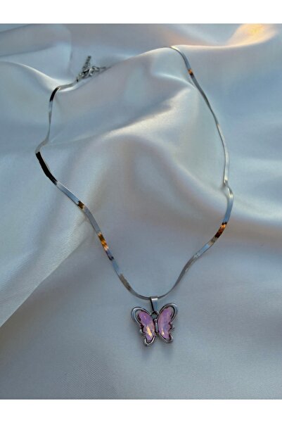 Eylülün Takısı Pink Stone Butterfly Silver Color Steel Necklace